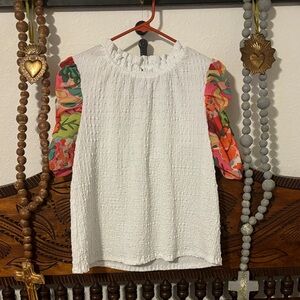 THML White Blouse with Colorful Floral Sleeves